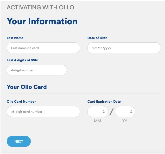 Getting Started with Your New Ollo Card  at ollocard.com/activate